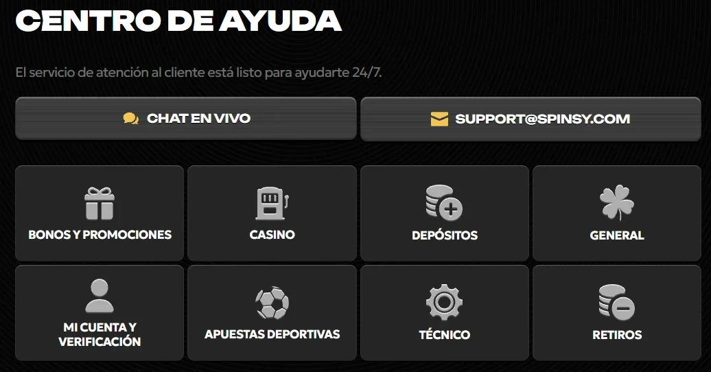 Spinsy: centro de ayuda con chat en vivo, email y categorías