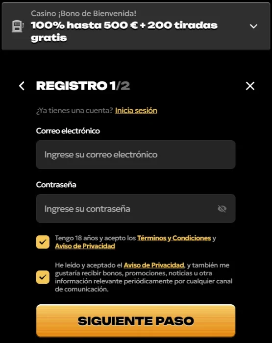 Spinsy: formulario de registro, primer paso con email y contraseña